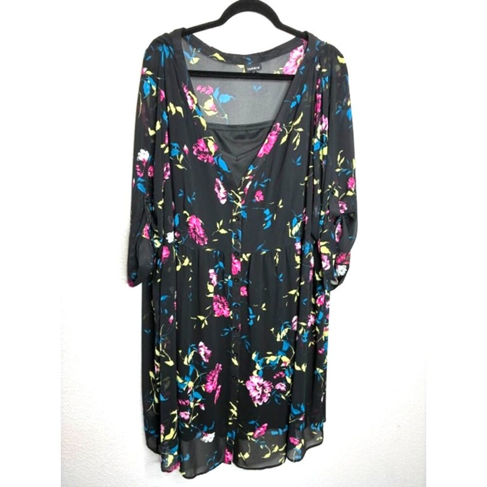 Torrid Black Floral Midi Dress Sz 4 (4XL) Tiered Chiffon Boho Flutter Sleeve - Picture 2 of 12